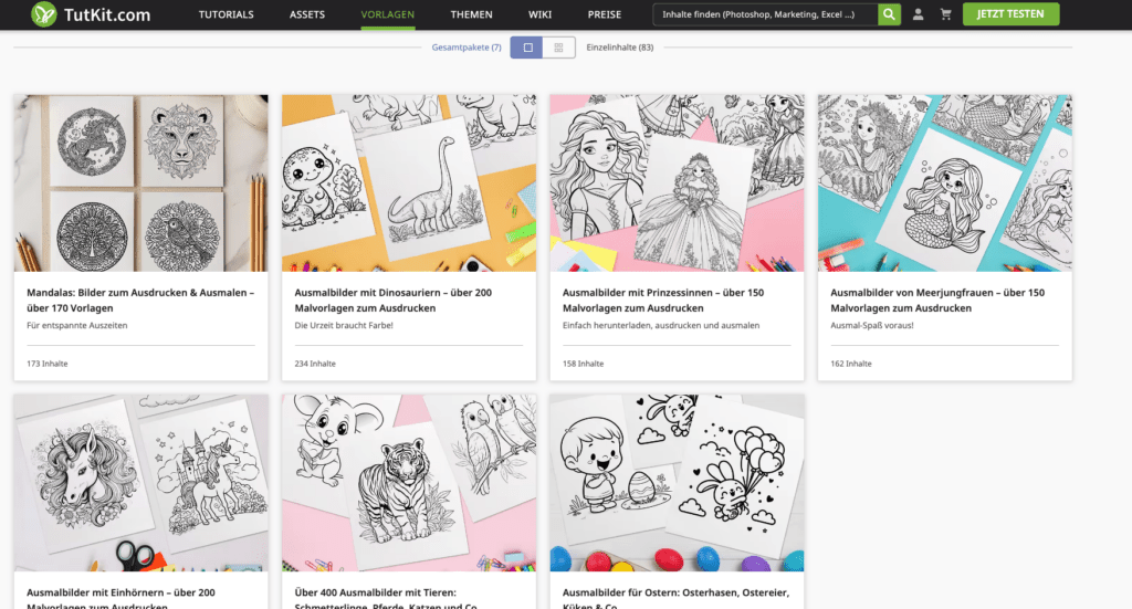 Vorschau verschiedener Ausmalbilder-Kategorien auf TutKit.com, darunter Mandalas, Weihnachten, Dinosaurier und mehr – kreative Inspiration für Groß und Klein.
