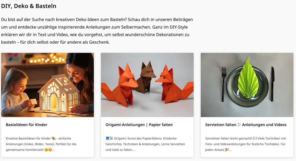 Übersicht der DIY-Kategorie auf TutKit.com mit verschiedenen Bastelideen, Anleitungen und Projekten für kreative Hobbys.